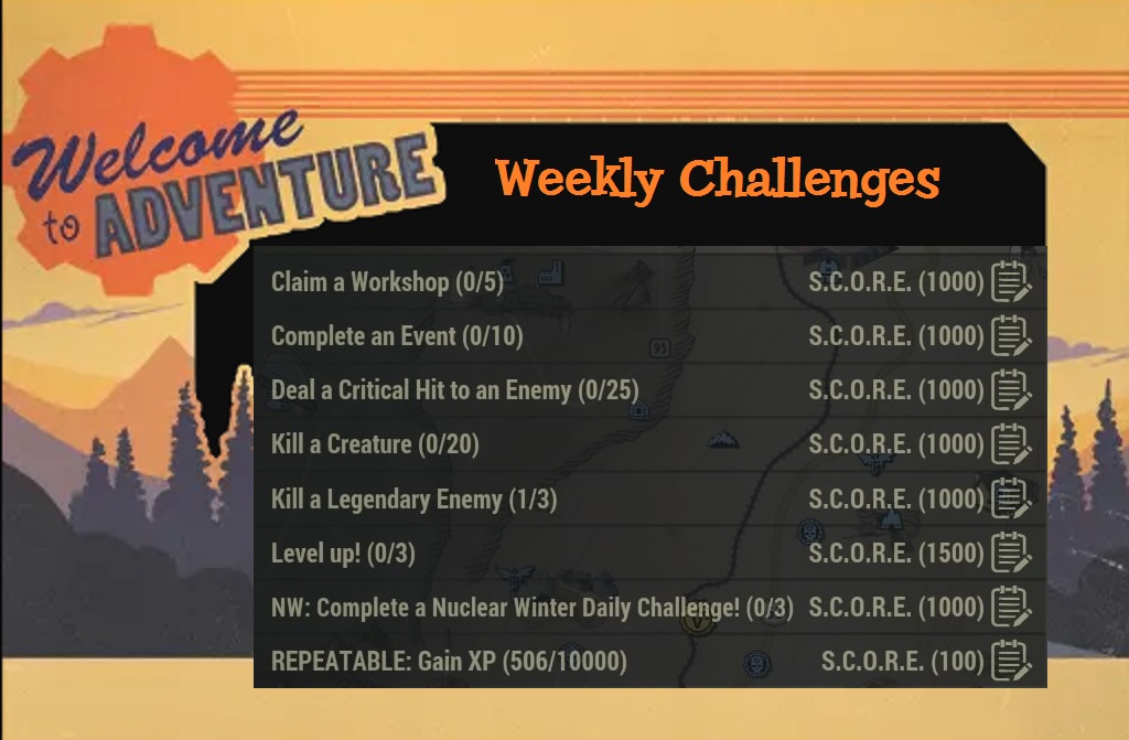 SpudGR's tweet photo. Weekly Challenges
#fallout #Fallout76 #Falloutcamp #Oxhorn #vault94 #vault76 #Bethesda #ClubFallout #HoaWasteland #nukesdragons #wastelanders #FO4News #JuiceHead33 https://t.co/9jbkHIOqz9