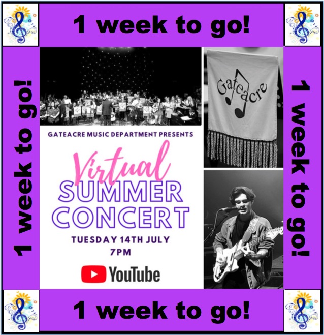 GateacreMusic's tweet photo. Almost exactly a week to go. Students from all year groups, playing a wide range of instruments and musical styles. Check out the Virtual Summer Concert @GateacreSchool! https://t.co/farrhm0NTT
