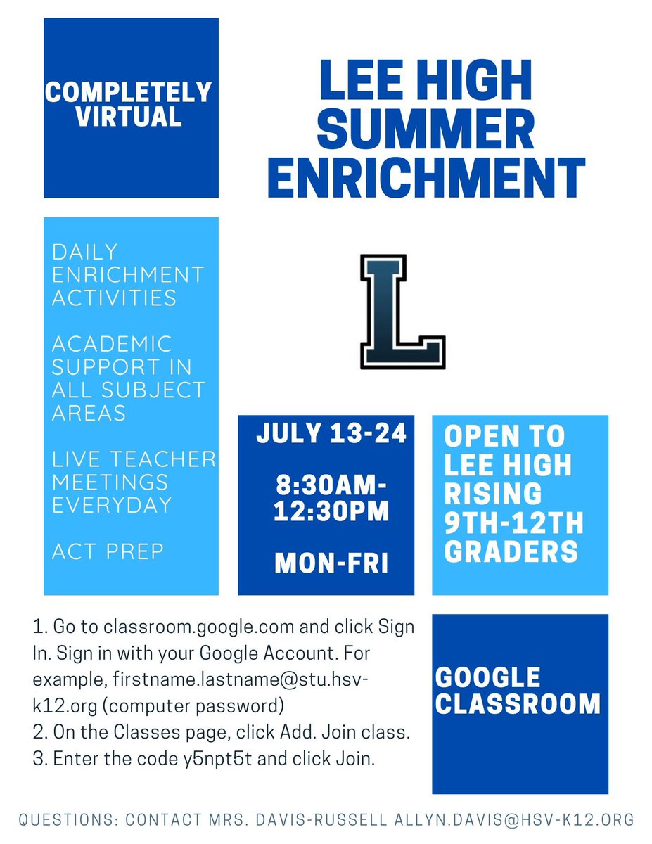 Attention Lee High School rising 9-12th graders! The #famiLEE will be having a completely virtual summer enrichment program from July 13th- July 24th from 8:30am-12:30pm Monday through Friday. Please see the flyer for more information! #WeAreFamiLEE
