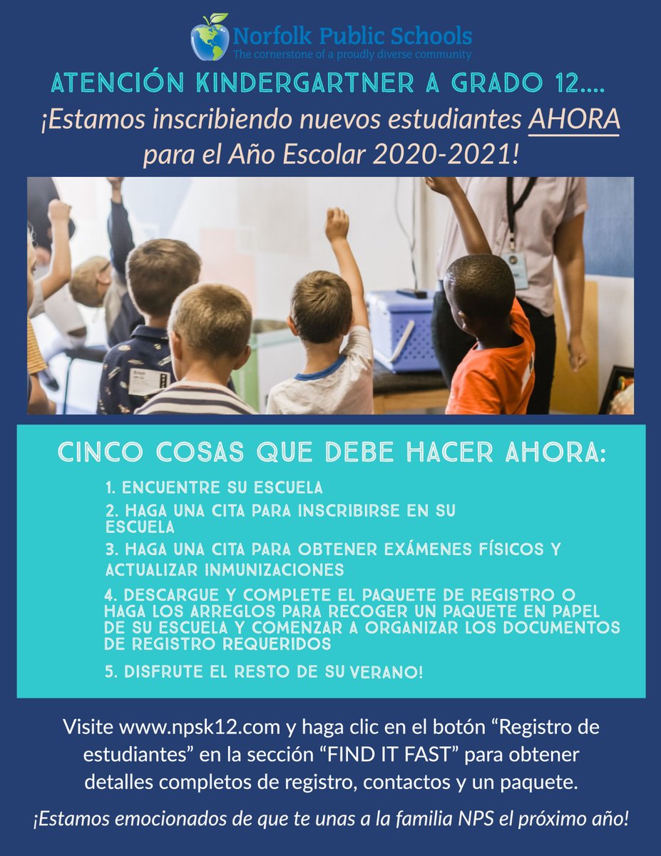 Student registration is underway for the 2020-21 School Year! 

Please visit our registration site at bit.ly/3fY83sn. 

Note: this is pertaining to any first-time students, Kindergartners through Grade 12.

We're excited for you to join the NPS family!
 
#WeAreNPS!