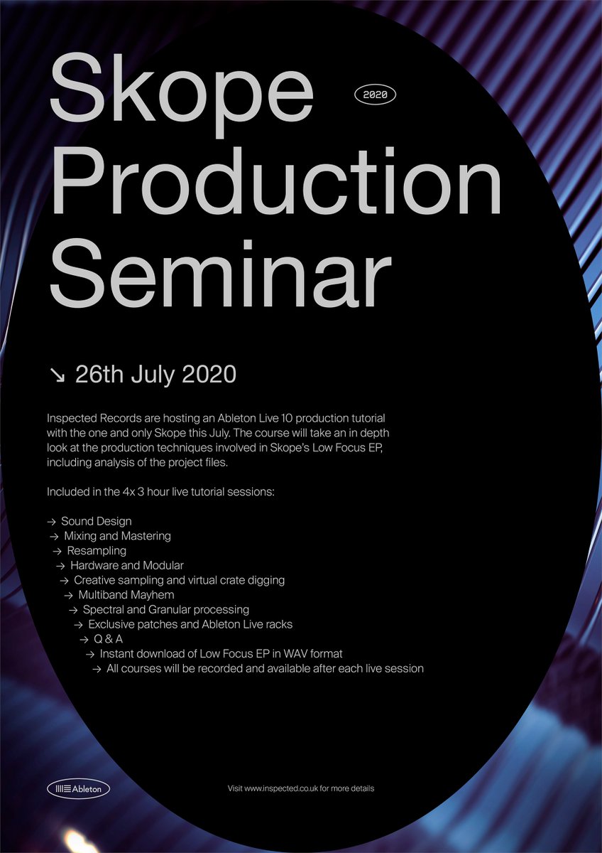SkopeUK's tweet photo. Hyped to finally announce this — my first production seminar with @inspected 

4x separate 3-hour live sessions, taking an in-depth look at the production techniques involved in my Low Focus EP. Full information below. 

Limited spaces available.

https://t.co/YbkDwixkV5 https://t.co/eTRYtBjmTF
