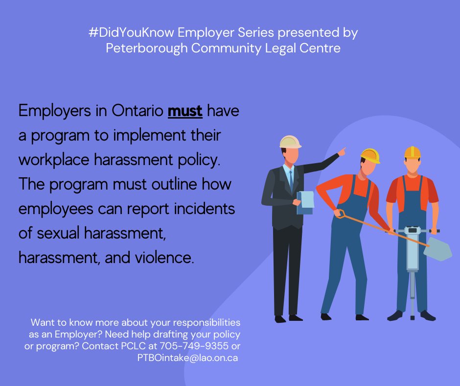 PeterboroughCLC's tweet photo. Did you know as an employer in Ontario you have several requirements under the Occupational Health and Safety Act in order to prevent and stop #sexualharassment? Contact PCLC for more information #DidYouKnowSexHarassmentatWork #SHIW #StopSexualHarassmentatWork https://t.co/E2TLOgmdNk