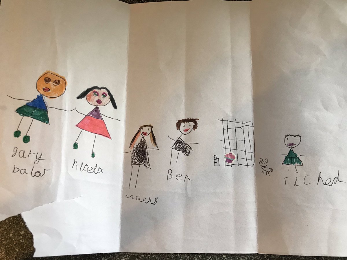NicSnook's tweet photo. @GaryBarlow my niece (aged 6) drew me a picture for my birthday. She knows I’m a huge fan of yours. she’s included my children and husband - he’s the one at the end by the cage! 😂 https://t.co/s5jYroafJQ
