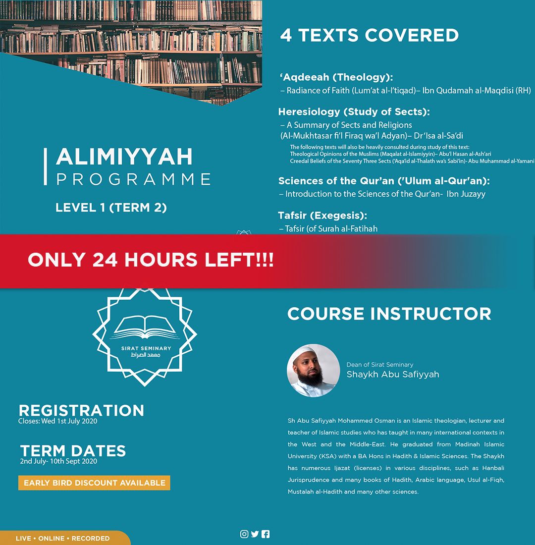 SeminarySirat's tweet photo. Only 24 Hours left until registration this term closes! Registration was extended due to popular demand. Study these texts, this term, and increase your knowledge, depth and understanding of Islam  this term. Previous terms available as On Demand courses, are not prerequisite! https://t.co/FVP6xVZhZ7