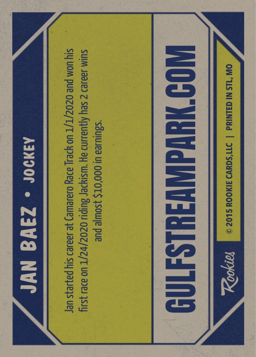 GulfstreamFanGQ's tweet photo. Jan Baez - Gulfstream Park 2020 Spring-Summer Meet Virtual Jockey Trading Card (front & back). #JanBaez #GulfstreamPark #2020SpringSummerMeet #HorseRacing #Jockeys #VirtualTradingCards https://t.co/fpcWEOHFsI