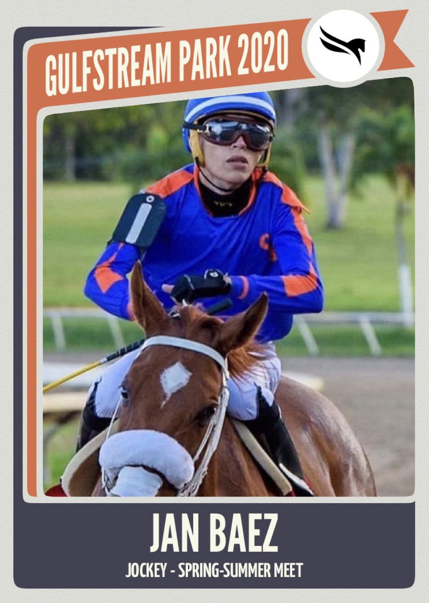 GulfstreamFanGQ's tweet photo. Jan Baez - Gulfstream Park 2020 Spring-Summer Meet Virtual Jockey Trading Card (front & back). #JanBaez #GulfstreamPark #2020SpringSummerMeet #HorseRacing #Jockeys #VirtualTradingCards https://t.co/fpcWEOHFsI