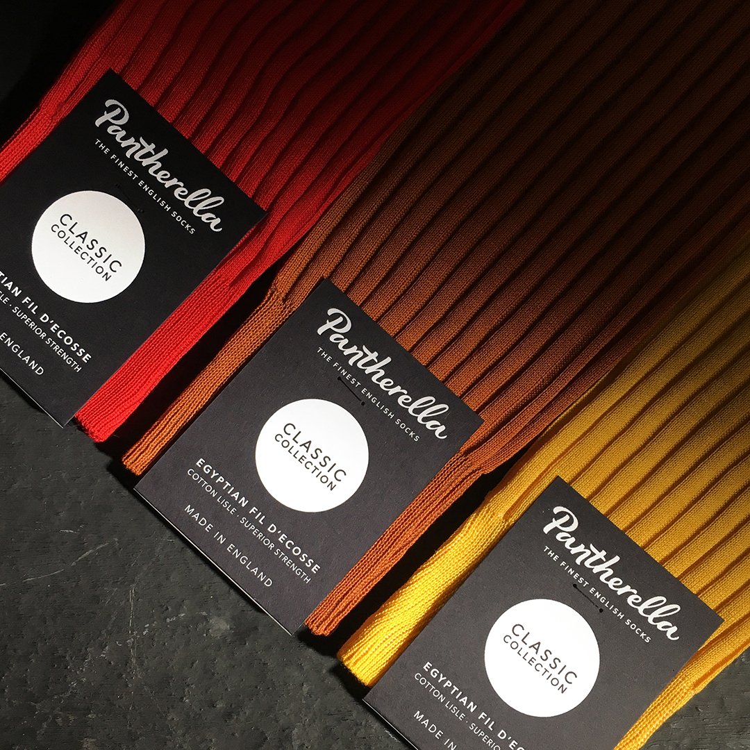 Turn up the heat with our classic Egyptian Fil d'Ecosse 'Danvers' socks in vivid, warm, brights 🔥🔥🔥

The Mercerisation process of our Fil d'Ecosse means it can be dyed to a rich and vibrant colour palette and retains this vibrancy wear after wear and wash after wash.

#socks