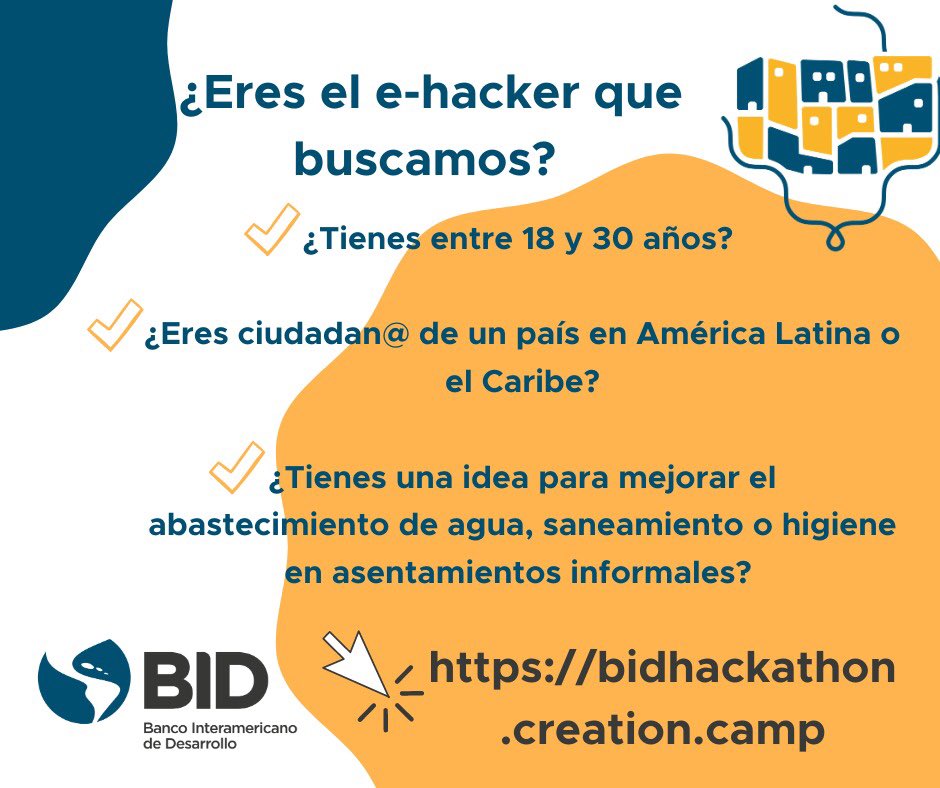Linq (@linqlab) on Twitter photo Regístrate hasta el 14 de agosto y reserva tu puesto para participar de la #hackathon para solucionar problemas de acceso de #agua, #saneamiento e #higiene. Postula aquí :
bidhackathon.creation.camp
<a href="/el_BID/">Banco Interamericano de Desarrollo</a>
<a href="/BIDagua/">Beiba Idagua</a>
<a href="/IDB_Lab/">IDB Lab</a>
<a href="/YoungWater_S/">Young Water Solutions</a> Regístrate hasta el 14 de agosto y reserva tu puesto para participar de la #hackathon para solucionar problemas de acceso de #agua, #saneamiento e #higiene. Postula aquí :
bidhackathon.creation.camp
<a href="/el_BID/">Banco Interamericano de Desarrollo</a>
<a href="/BIDagua/">Beiba Idagua</a>
<a href="/IDB_Lab/">IDB Lab</a>
<a href="/YoungWater_S/">Young Water Solutions</a>