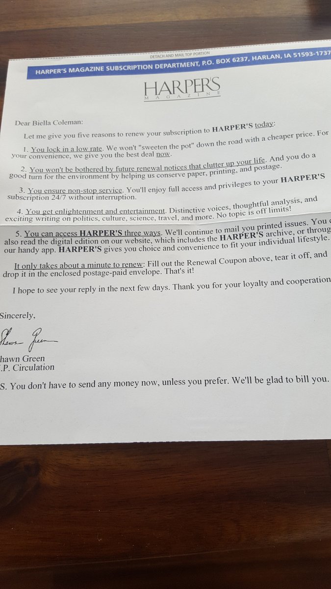 17. To finish... I now have to decide whether to renew or cancel my  @Harpers subscription and yes, their letter (and their annoying constant publication of Lionel Shriver) will factor into my decision because speech, my friends, has consequences.