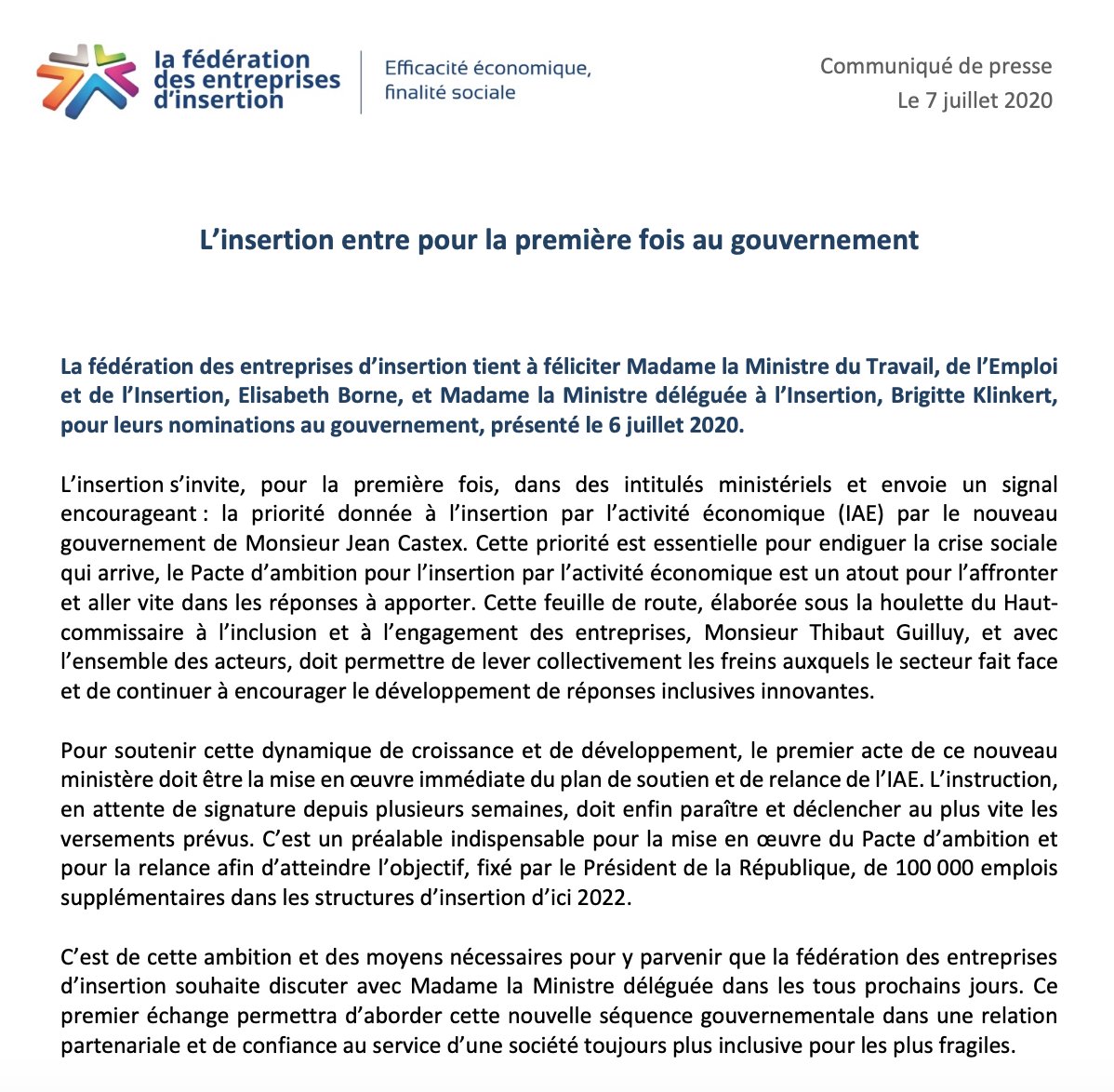 [Communiqué de presse]
L’#insertion entre pour la première fois au #Gouvernement !
Nous tenons à féliciter <a href="/Elisabeth_Borne/">Élisabeth BORNE</a> et <a href="/KlinkertBrigitt/">Brigitte Klinkert</a>  pour leurs nominations au gouvernement.
Retrouvez l'intégralité de notre communiqué de presse ici : 
lesentreprisesdinsertion.org/presse/linsert…