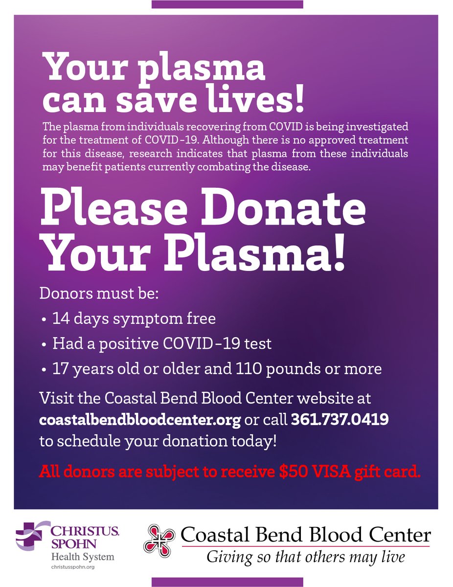 CHRISTUS Spohn (@christusspohn) on Twitter photo We join the <a href="/CBBloodCenter/">Coastal Bend Blood</a> in encouraging individuals who have recovered from COVID-19 to donate their plasma. Research indicates that it may benefit patients currently combatting the virus. Qualified donors can contact the Blood Center for an appointment. We join the <a href="/CBBloodCenter/">Coastal Bend Blood</a> in encouraging individuals who have recovered from COVID-19 to donate their plasma. Research indicates that it may benefit patients currently combatting the virus. Qualified donors can contact the Blood Center for an appointment.