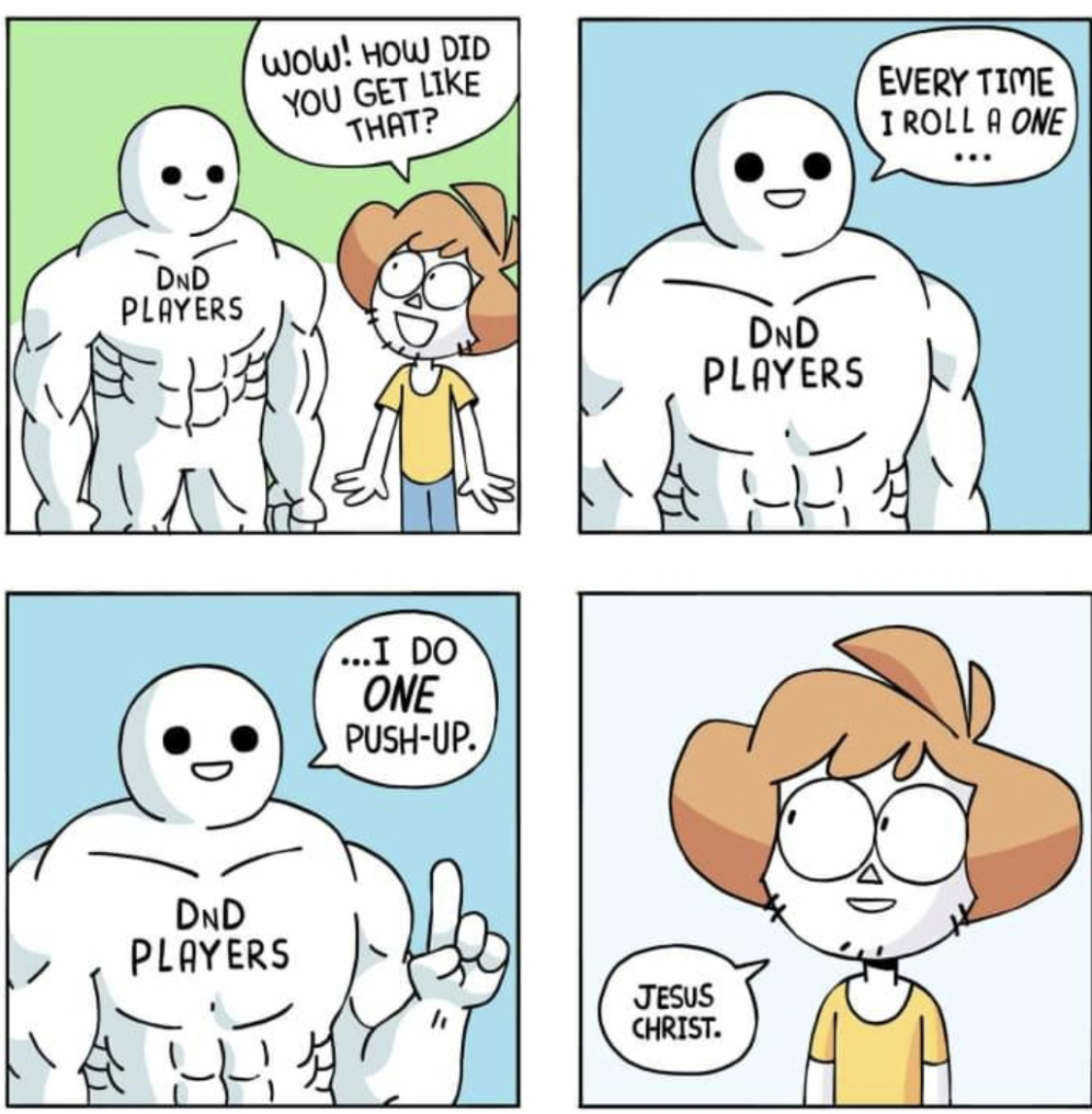MindflayedMon's tweet photo. My wife has been asking me to start working out again. Saw this on @FeatherFallTT discord and figured this might be my new workout. Who else thinks this program might get them in shape too?
#dnd #dndhumor #dndfunny #dungeonsanddragons #ttrpgcommunity #roleplayingcommunity https://t.co/dUIPe7tn9X