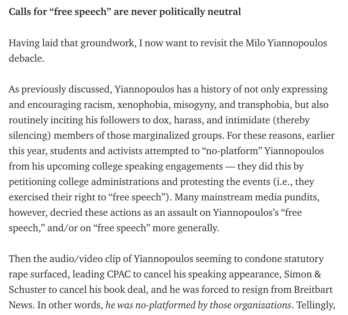 ...calls for "open debate" or "free speech" are never politically neutral – they're always tacitly for some speech & against others (as I explain here:  https://medium.com/@juliaserano/refusing-to-tolerate-intolerance-f24c1bff513f). there isn't a single signatory who truly believes that *no one* should be fired for their speech...