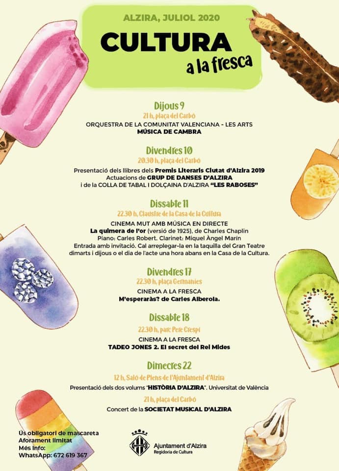 **CULTURA A LA FRESCA**
JULIOL 2020 #Alzira
<a href="/AlziraTurismo/">Alzira Turismo</a> <a href="/AjuntAlzira/">Ajuntament Alzira</a> <a href="/smalzira/">Soc Musical Alzira</a>