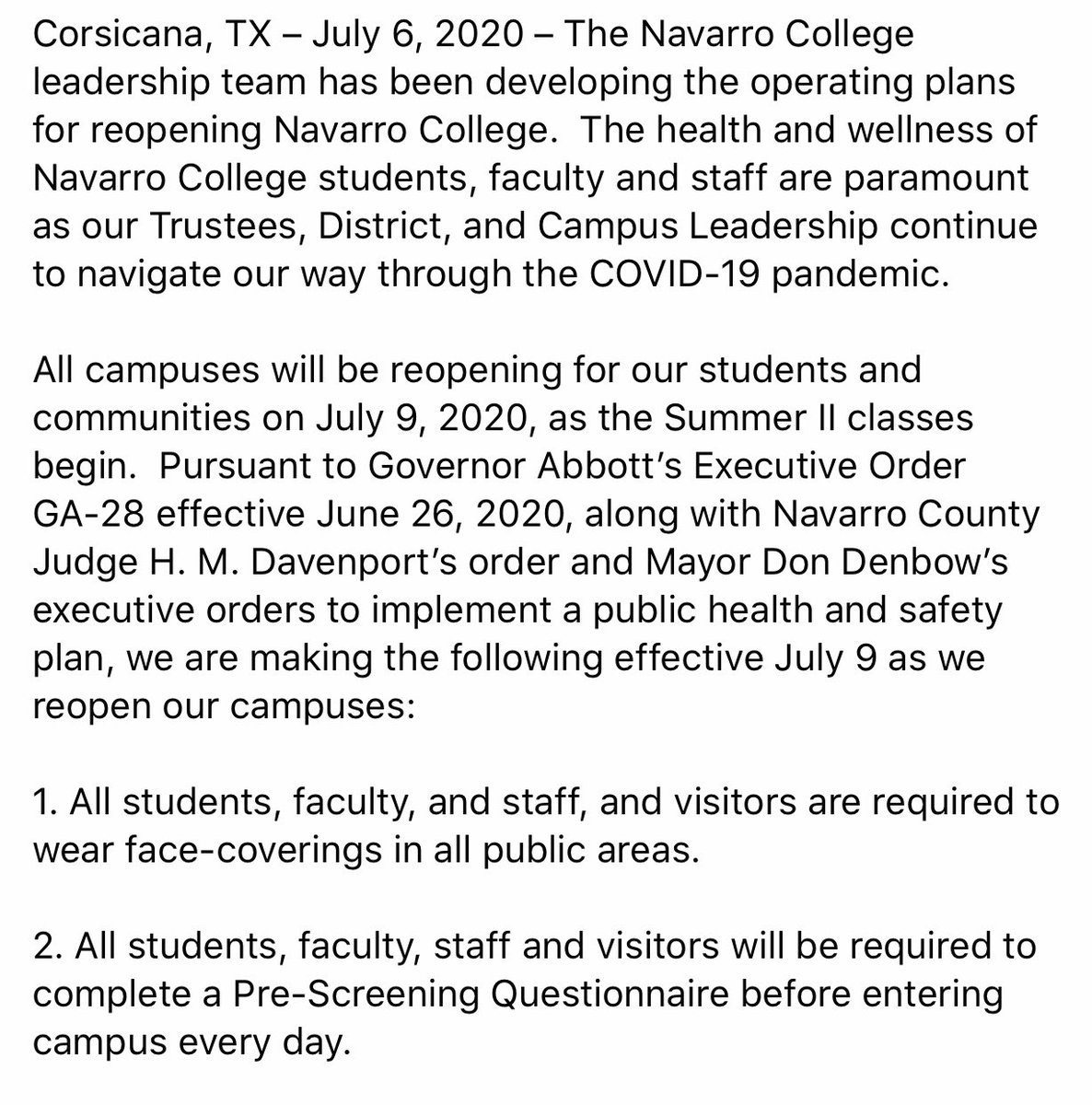 NavarroCollege's tweet photo. The NC leadership team has been developing the operating plans for reopening NC. The health and wellness of students, faculty and staff are paramount as our Trustees and Campus Leadership continue to navigate our way through the COVID-19 pandemic. Read the full statement below⬇️ https://t.co/YXL6xVMkNL