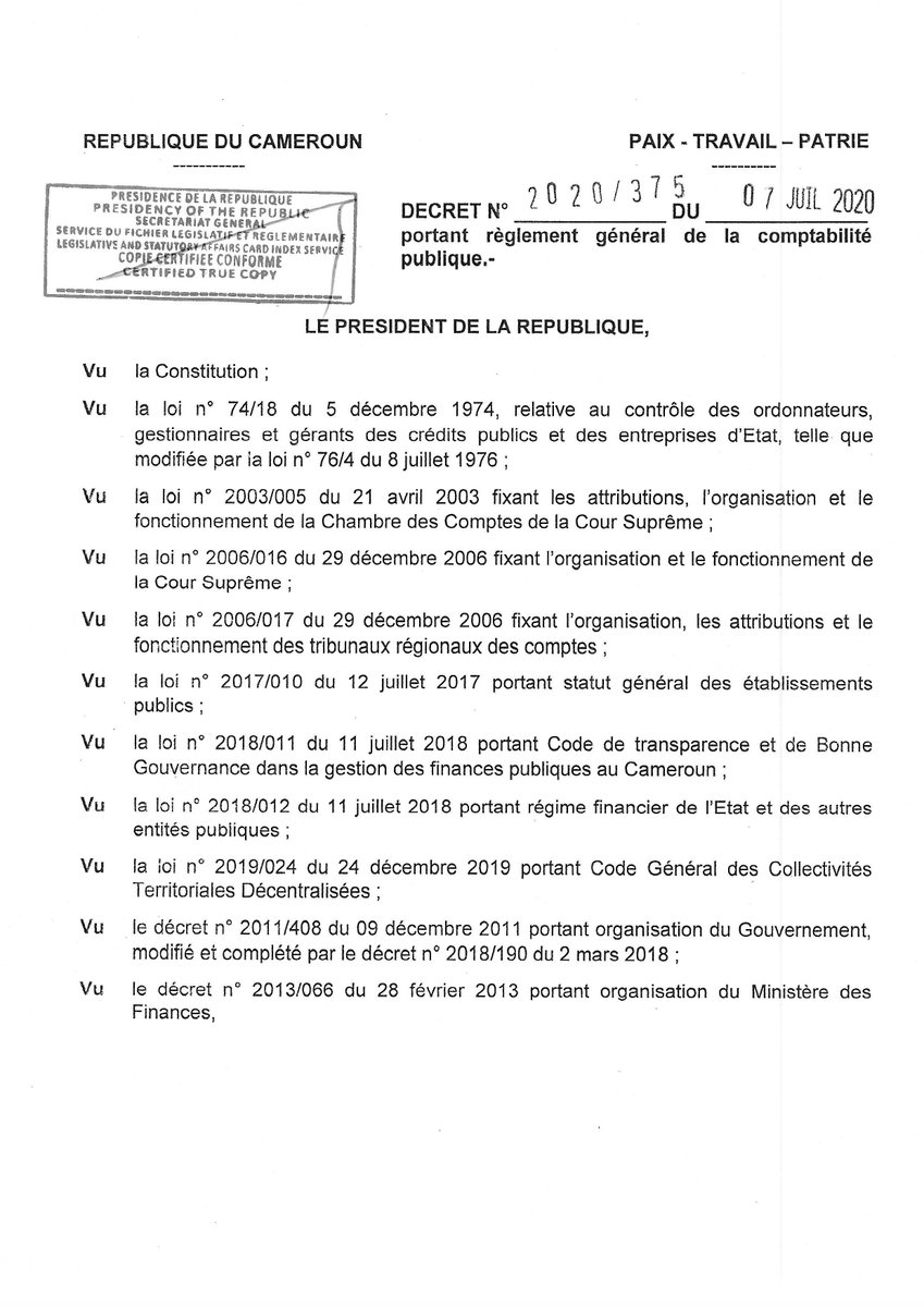 PR_Paul_BIYA's tweet photo. Décret portant règlement général de la comptabilité publique.

Télécharger l’intégralité du texte:👉 https://t.co/OjTJOtJP6A
#PaulBiya
#Cameroun https://t.co/LRZ6CugXbd