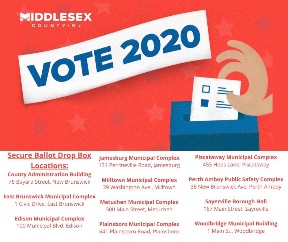 MiddlesexCntyNJ's tweet photo. Today, is Primary Election Day! Don’t forget to complete &amp; return your VBM Ballot.

You can:
✅ Drop it at one of these locations
✅ Bring it to the MC Board of Elections
✅ Bring it to your post office &amp; have it post-marked for today

Submit your ballot by at 8PM tonight! https://t.co/NCvTCn7qGE