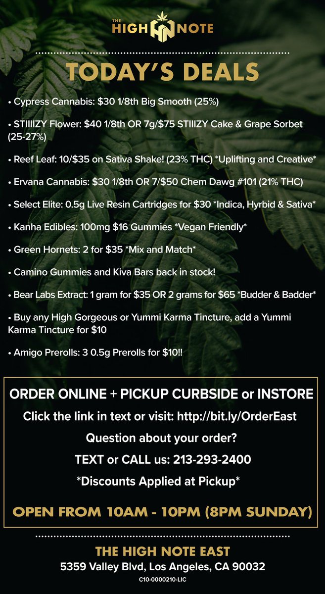 TheHighNoteCA's tweet photo. Tuesday #deals are here! Stock up on #cypresscannabis @stiiizy @gocaliva @ErvanaCraft #selectvapes @BySunderstorm #greenhornet @KivaConfections #bearlabs @_HighGorgeous @YummiKarma @Amigocannabis https://t.co/zljroZTn5s