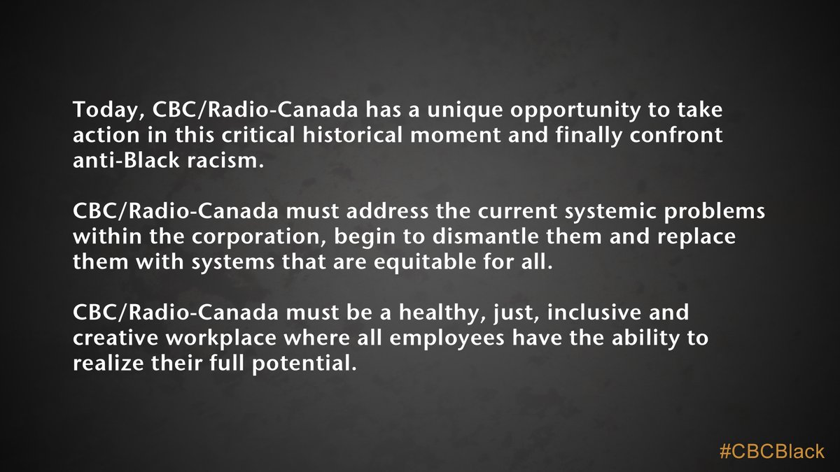 After intense conversation, consultation and deliberation, members of that group of Black employees at CBC/Radio Canada sent these ten calls to action to the senior executive team. #CBCBlack https://docs.google.com/document/d/1_ZXB5_hvprJjOJHvJehUXE61fwBm3pgMSPzeL1jG1TU/edit