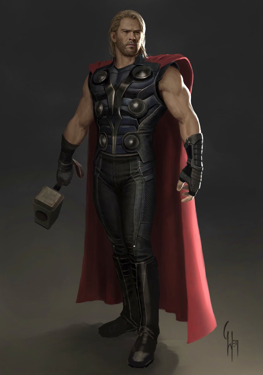 #ultimates inspired Throwback - here’s an unused #thor #concept from #avengers preproduction. He has a bit of a “biker” look going on here. But as story changes, you can end up going through lots of versions. * #marvel #marvelstudios #mcu #cosplay #chrishemsworth #imcharliewen