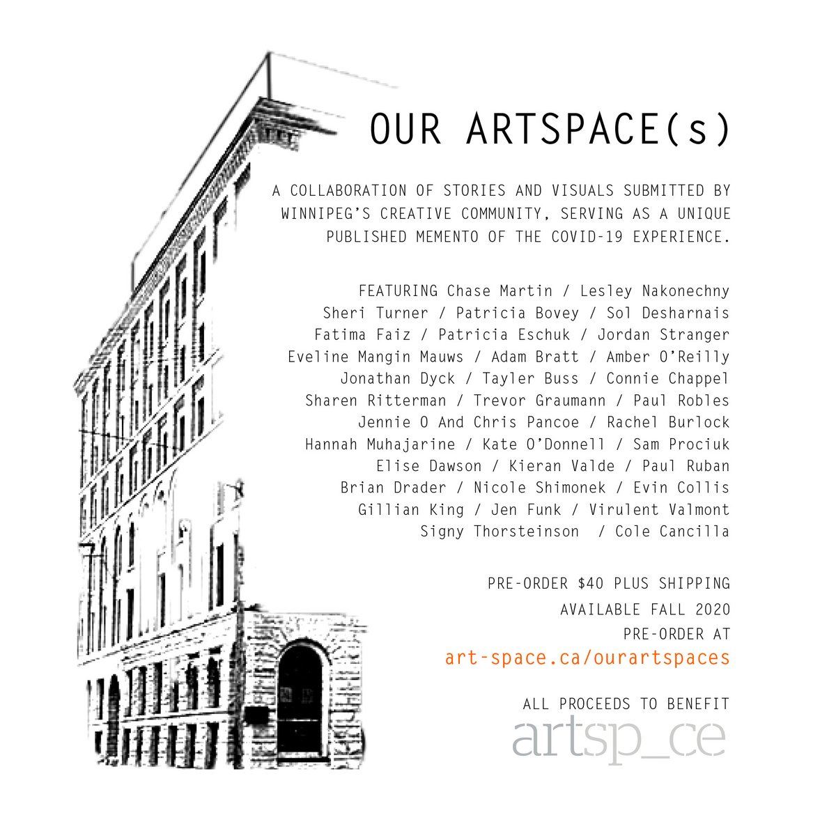 Our Artspace(s) Pre-Order! 
We have received generous submissions from some incredible local artists, and are working hard to bring this fundraising publication to life !
Follow the link here for more information and to pre-order. 
art-space.ca/ourartspaces/