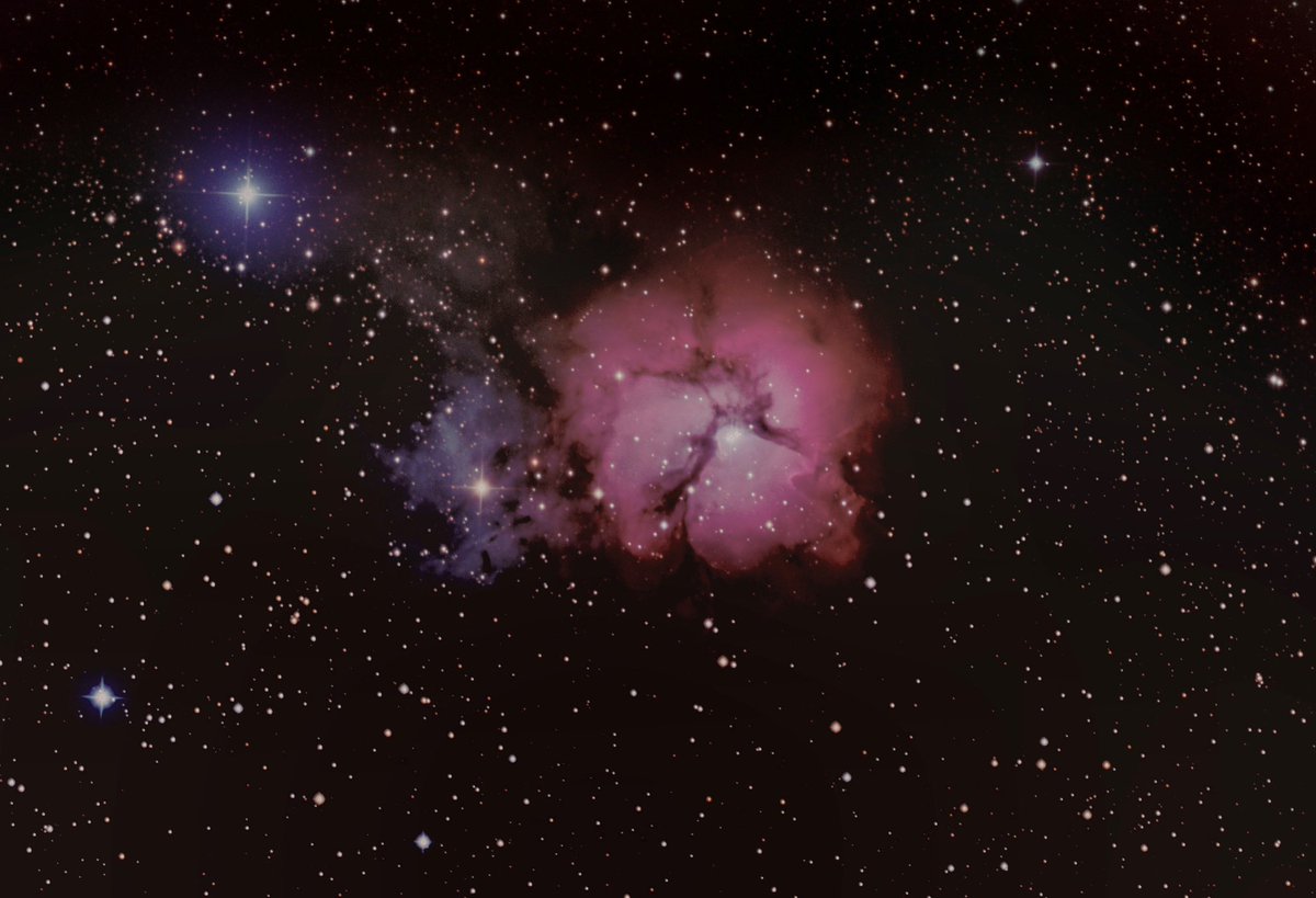 thelondonastro's tweet photo. Some remote imaging for a change due to lack of darkness here in London. Messier 20 The Trifid Nebula imaged from Siding Spring Observatory, NSW, Australia.
510mm f/4.4 Planewave CDK, FLI-PL09000 camera
1 hour lum, 10 mins each R,G,B channel
#messier20 #Astrophotography #space https://t.co/b4aCk6wAdI