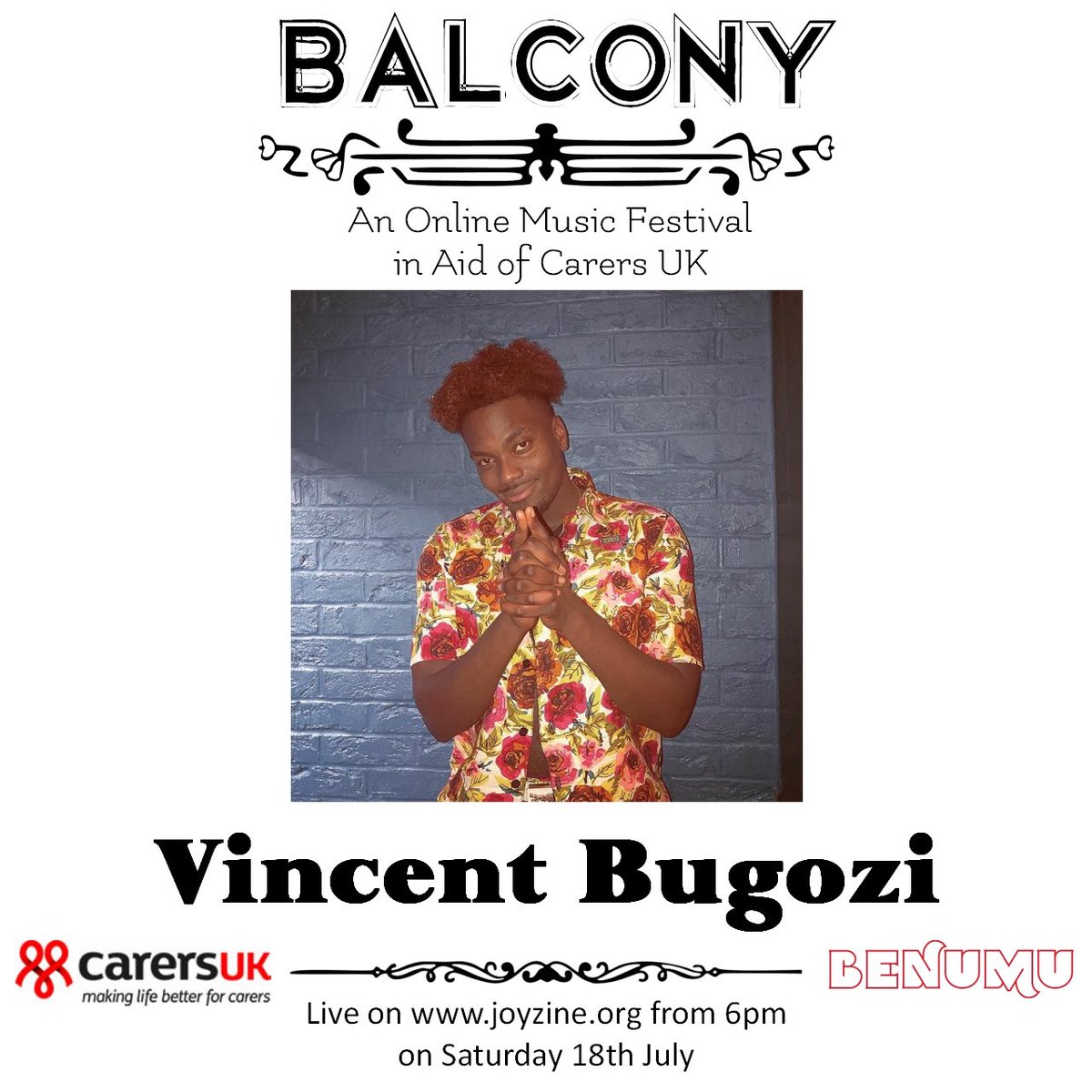Saturday 18th July join <a href="/balconyfest/">balconyfest</a> in aid of <a href="/CarersUK/">Carers UK</a> from 6pm to watch awesome artists 🎸🎸🎸
<a href="/VincentBugozi/">Vincent Bugozi</a> - <a href="/Benumu_official/">Benumu</a> stage;
<a href="/NERVOUSTWITTA/">Nervous Twitch</a> - <a href="/TheRecklessYes/">Reckless Yes</a>;
@shescalledmouse - <a href="/loudwomenclub/">💋 LOUD WOMEN 💋</a>;
<a href="/grisdelinmusic/">Gris-de-Lin</a> - <a href="/sonictonicpromo/">Sonic Tonic</a>;
+ Many more to be announced soon 🎸