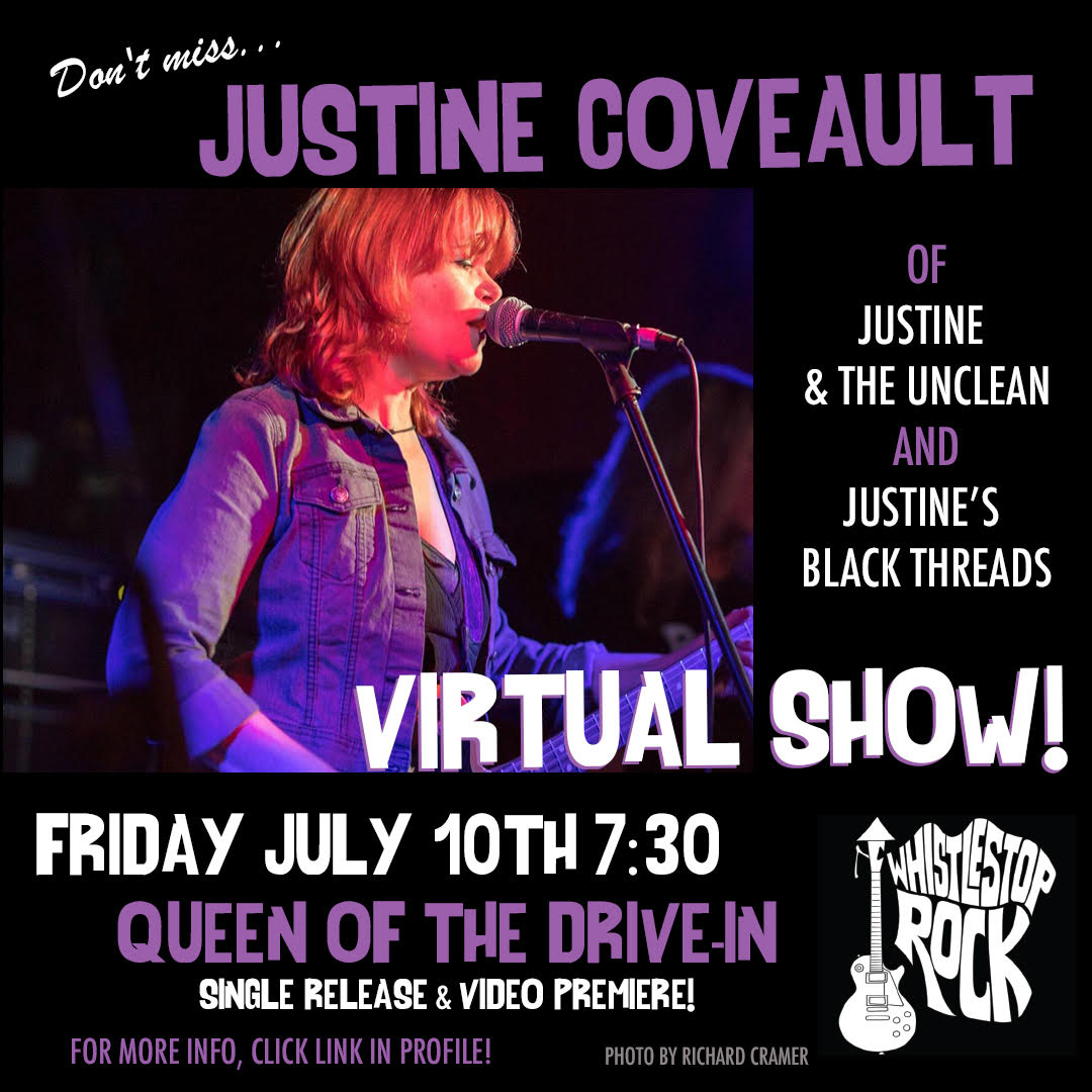 Tune in to the virtual show Friday night to see Justine from @JustineUnclean and Justine's Black Threads and in the premier of the Queen of the Drive-in video, too! #whistlestoprock #whistlestopqueens #queenofthedriveIn #queenofthedrive-in #bostonrock #allgirlband #womeninmusic