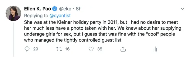 I'll just put this here for posterity, and as a reminder that the Kleiner Perkins types, and all the rest of our global cult of money and celebrity are, at best, largely a bunch of amoral a-holes. https://www.businessinsider.com/ghislaine-maxwell-attended-kleiner-perkins-vc-party-alleges-ellen-pao-2020-7