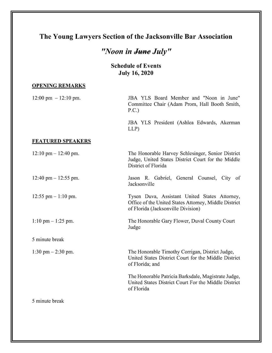 JaxBarYLS's tweet photo. Join us on Thursday, July 16 from 12 pm - 4:45 pm for VIRTUAL Noon in June in July. The event is FREE and features terrific speakers. Summer associates and law students are highly encouraged to attend, and ALL attorneys are welcome.  CLE credits are pending! @myjaxbar @FlaBarYLD https://t.co/ZitKfKhyKp