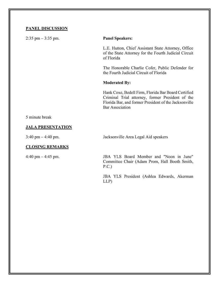JaxBarYLS's tweet photo. Join us on Thursday, July 16 from 12 pm - 4:45 pm for VIRTUAL Noon in June in July. The event is FREE and features terrific speakers. Summer associates and law students are highly encouraged to attend, and ALL attorneys are welcome.  CLE credits are pending! @myjaxbar @FlaBarYLD https://t.co/ZitKfKhyKp