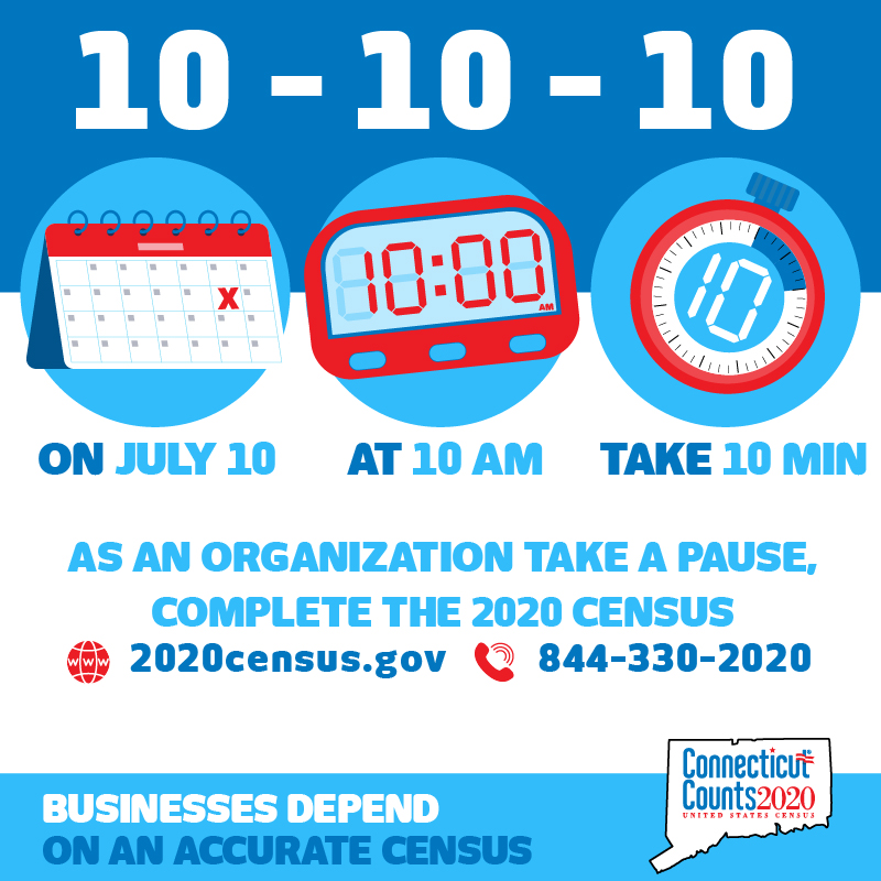 CTCounts2020's tweet photo. The Census is important to your business! On July 10, at 10am we invite you to join with businesses across the State to complete the census. Take the 10 minute pause along with your employees and do your part. #CTCounts #CTCensus2020 https://t.co/F5uJ3F1hXO