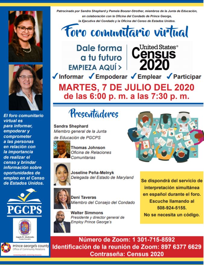 CEXAlsobrooks's tweet image. Recordatorio: Únase a un Foro Comunitario Virtual esta noche sobre el Censo 2020. Los presentadores discutirán la importancia de completar el censo y proporcionarán información sobre oportunidades de empleo en el Censo de los Estados Unidos. #ProudtobeCounted #CountDMVin