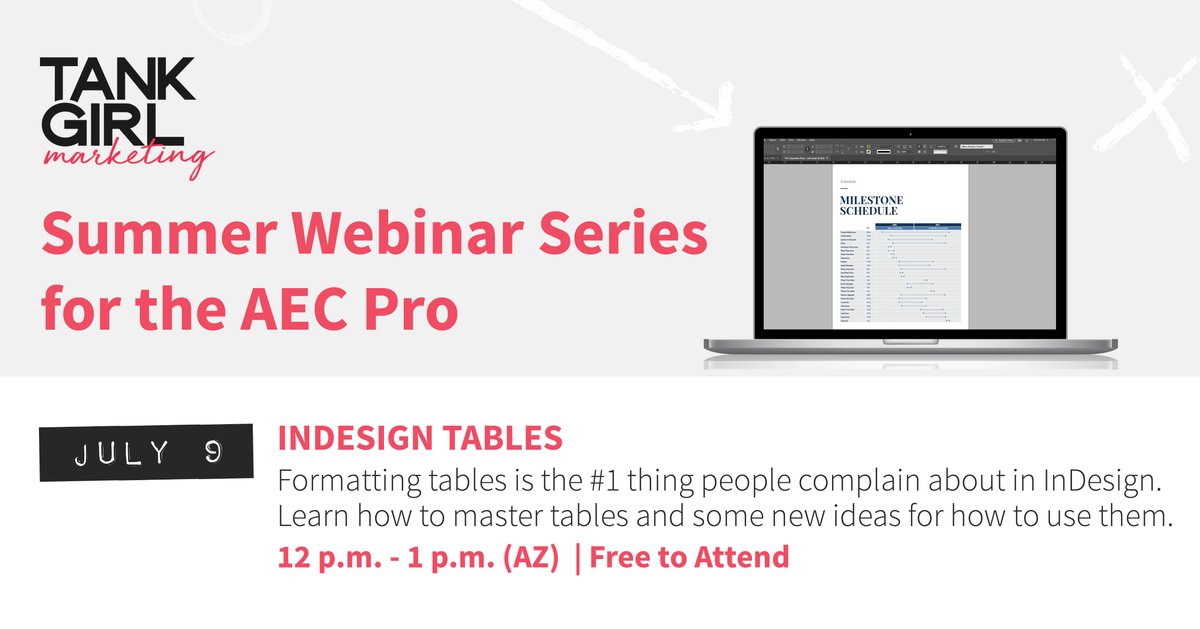 smpsaz's tweet photo. This Thursday TankGirl Marketing is offering a free webinar all about InDesign Tables! Sign up and learn all the tips &amp; tricks you need to know &amp; new ideas for how to use them! Register via the link below #SMPSAZ #Event #TankGirlMarketing
https://t.co/9SFil5NtkD https://t.co/bwL9oyLkJr