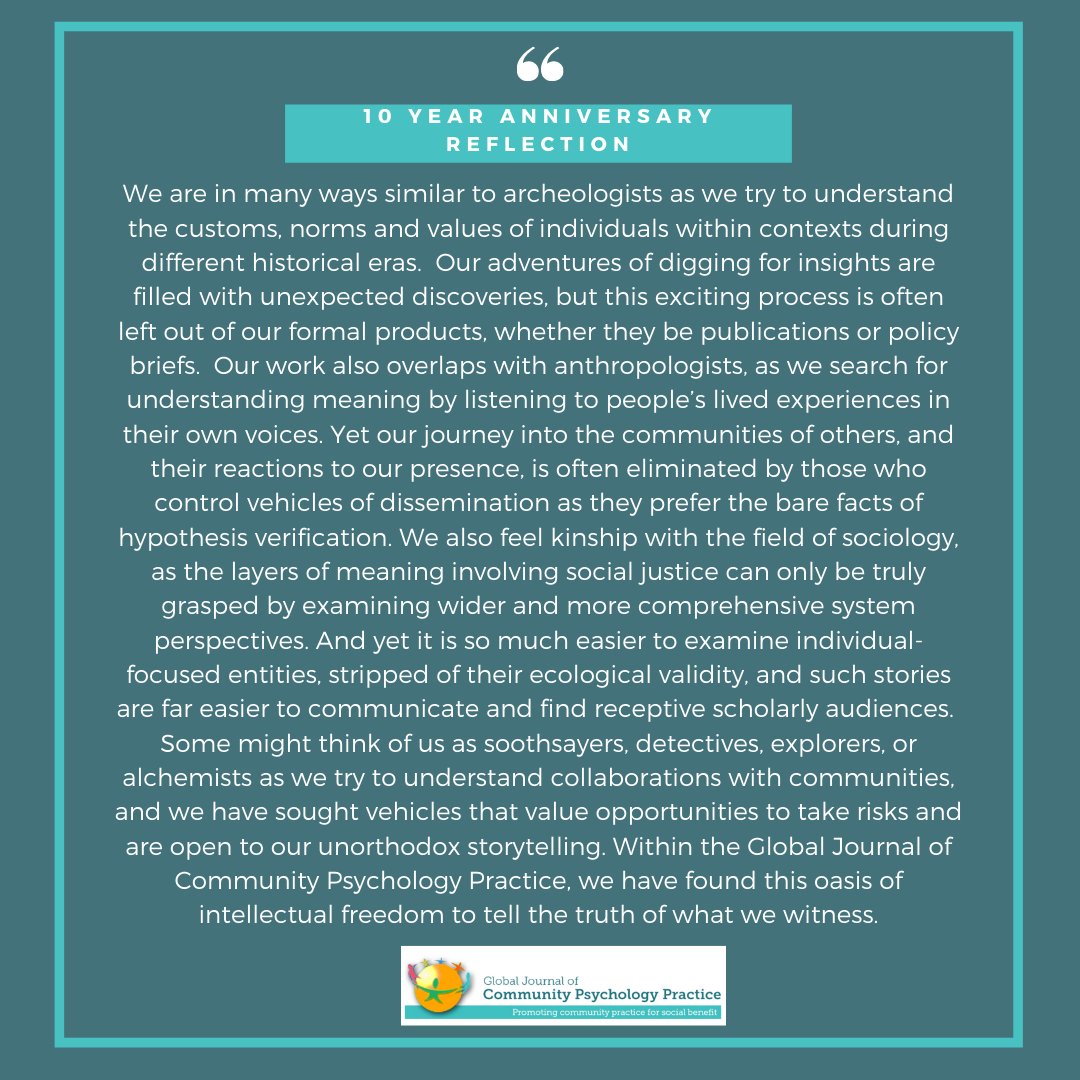 "Within the Global Journal of Community Psychology Practice, we have found this oasis of intellectual freedom to tell the truth of what we witness."

#GlobalJournal #GJCPP #CommunityPsychology #10YearAnniversary
