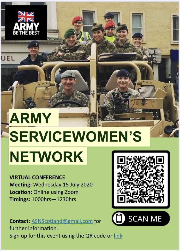 One week left to register for the Army Servicewomen’s Network Scotland <a href="/Army_ASN/">Army Servicewomen’s Network</a> Virtual Conference; to register scan the QR code below or click this link:  bit.ly/ASNScot20200715 #buildingconfidence #maximisingpotential