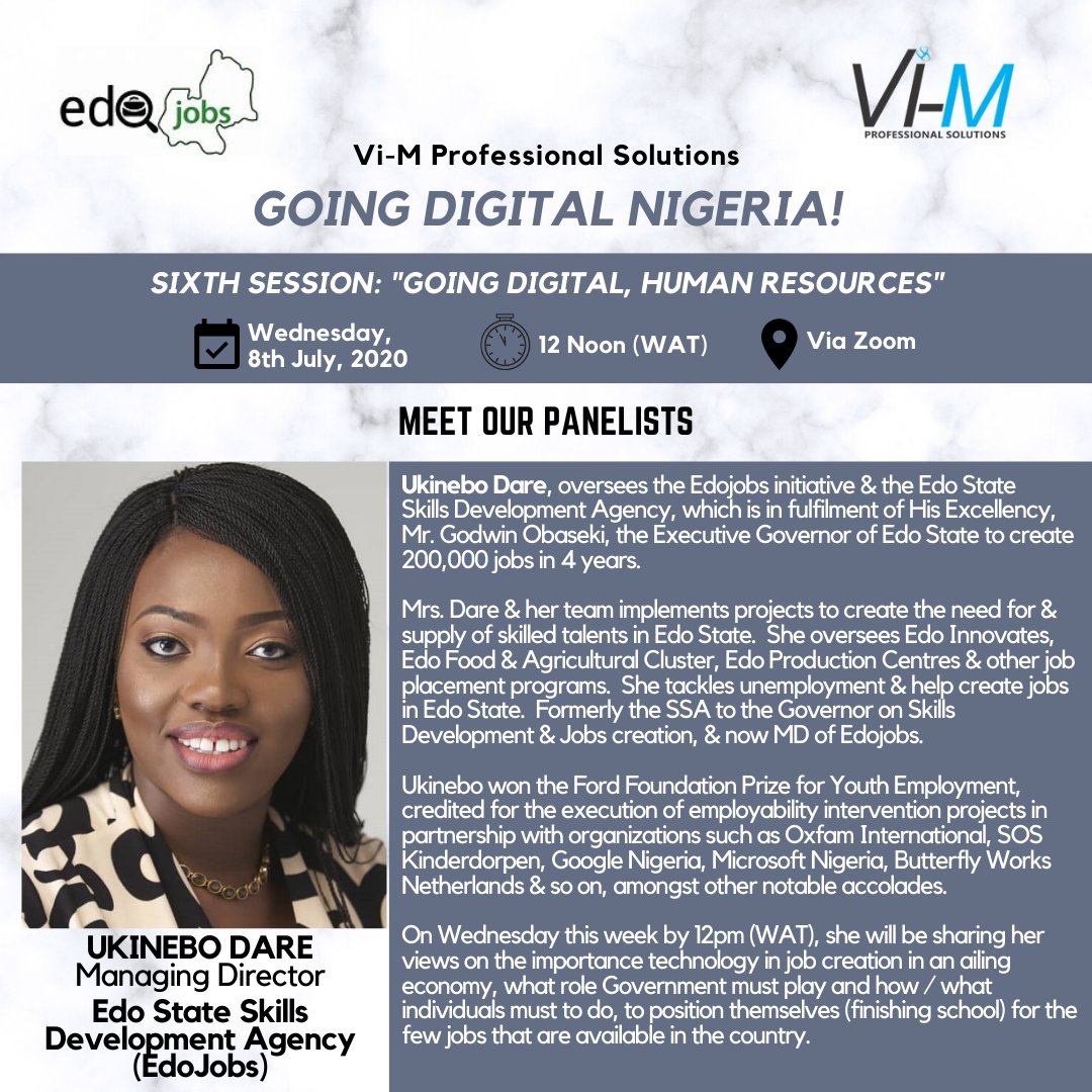Vi_M__'s tweet photo. #MeetOurPanelist @ D next #GoingDigitalNigeria #FreeWebinarSeries
@ukidare, MD of @EdoJobs
She features in D 6th edition of @Vi_M__ #GoingDigitalNigeria #webinarseries 2moro, 8th Jul'20 by 12pm (WAT)
#RegisterNow @ https://t.co/lkAoa8n3Yv
#employees #employers #payroll #taxes https://t.co/JA7EhlxDA2