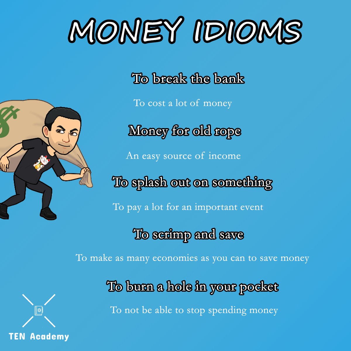 💸 It's all about the money! 💸

#TENAcademy #inglesonline #onlineenglish #lessons #idioms #money #finances #business #accounting  #investment