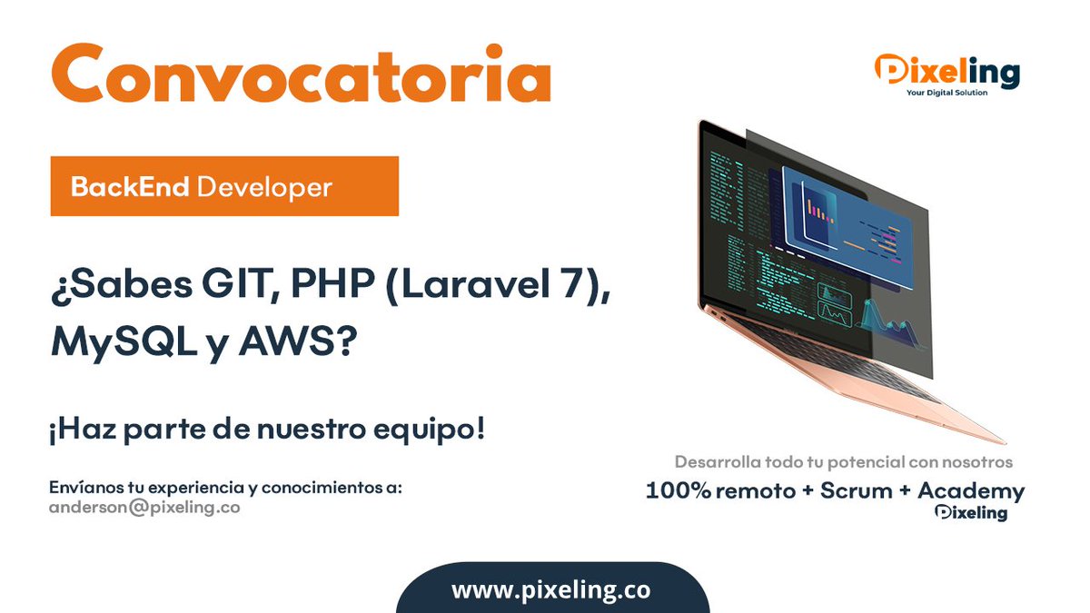 pixeling_co's tweet photo. ¿Eres o conoces un #desarrollador #BackEnd? Nos encantaría conocer tu experiencia y habilidades, para hacerte una #ofertalaboral interesante. Comparte tu #CV a jobs@pixeling.co. https://t.co/U02lItCH0s
