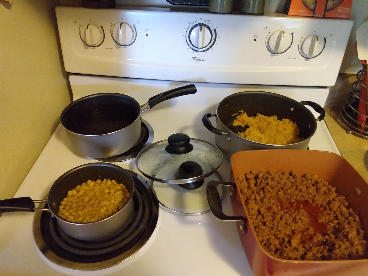 black beans yellow rice corn meat refried beans cheese tomatoes onions #TacoTuesday