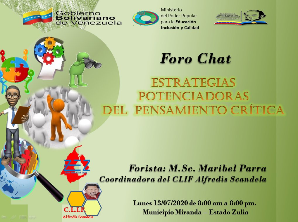 Rumbo al 7mo Foro Chat del CLIF Alfredis Scandela con la temática "Estrategias Potenciadoras del Pensamiento Crítico" donde analizaremos las estrategias desde el Enfoque Sociocrítico. <a href="/ZuliaDocente/">Formación Docente Zulia</a> <a href="/DamelisChavez/">@DamelisChavezPSUV</a> <a href="/DilmaChavezRan1/">Dilma Chavez Rangel</a> <a href="/SomosUnem/">SOMOS UNEM</a> <a href="/Maribelpp/">Maribelpp</a>