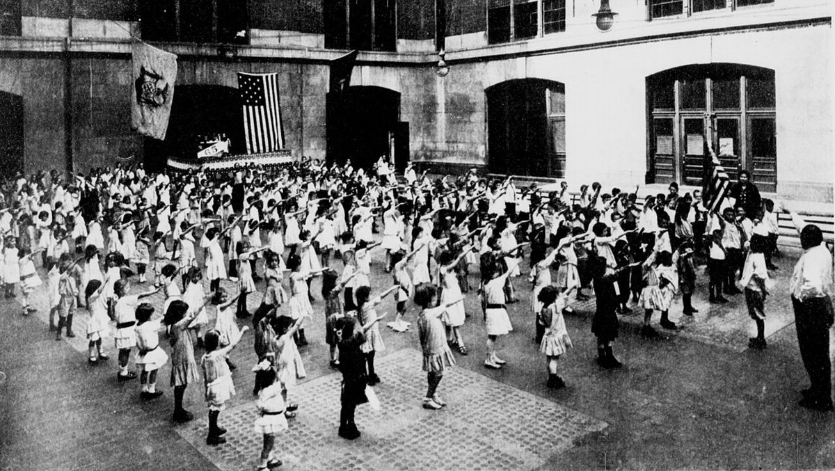 This "Sieg Heil" style salute is commonly used during the "National Pledge" made daily by Indian schoolchildren. True. The same salute was once used by American schoolchildren for the "Pledge of Allegiance." But... it was scrapped BECAUSE the salute was adopted by the Nazis.