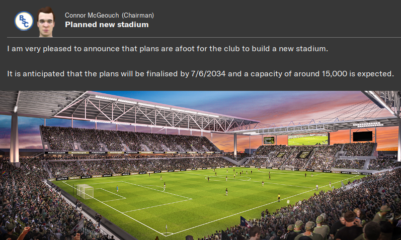 MozzaRobertson's tweet photo. ICYMI - Last night on Twitch, something amazing happened...
Come the summer of 2034, @BSCGlasgowFC will finally move into our very own stadium! It only took Champions League group stage qualification to convince the board 🤣
#FM20 #MonTheBSC https://t.co/zQOoOeqT6A