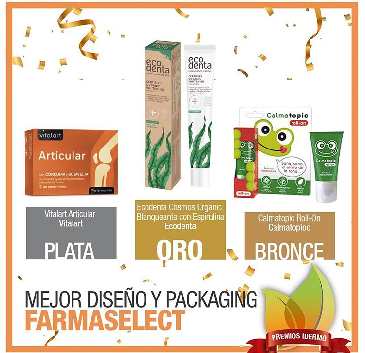 idermo_es's tweet photo. Ganadores en la categoría MEJOR DISEÑO Y PACKAGING FARMASELECT de la 7° Edición de #PremiosiDermo BRONCE: CALMATOPIC ROLL‐ON #CALMATOPIC PLATA: VITALART ARTICULAR 60 COMPRIMIDOS #VITALART ORO: ECODENTA COSMOS ORGANIC BLANQUEANTE CON SPIRULINA #ECODENTA https://t.co/MpzzjK5qS7