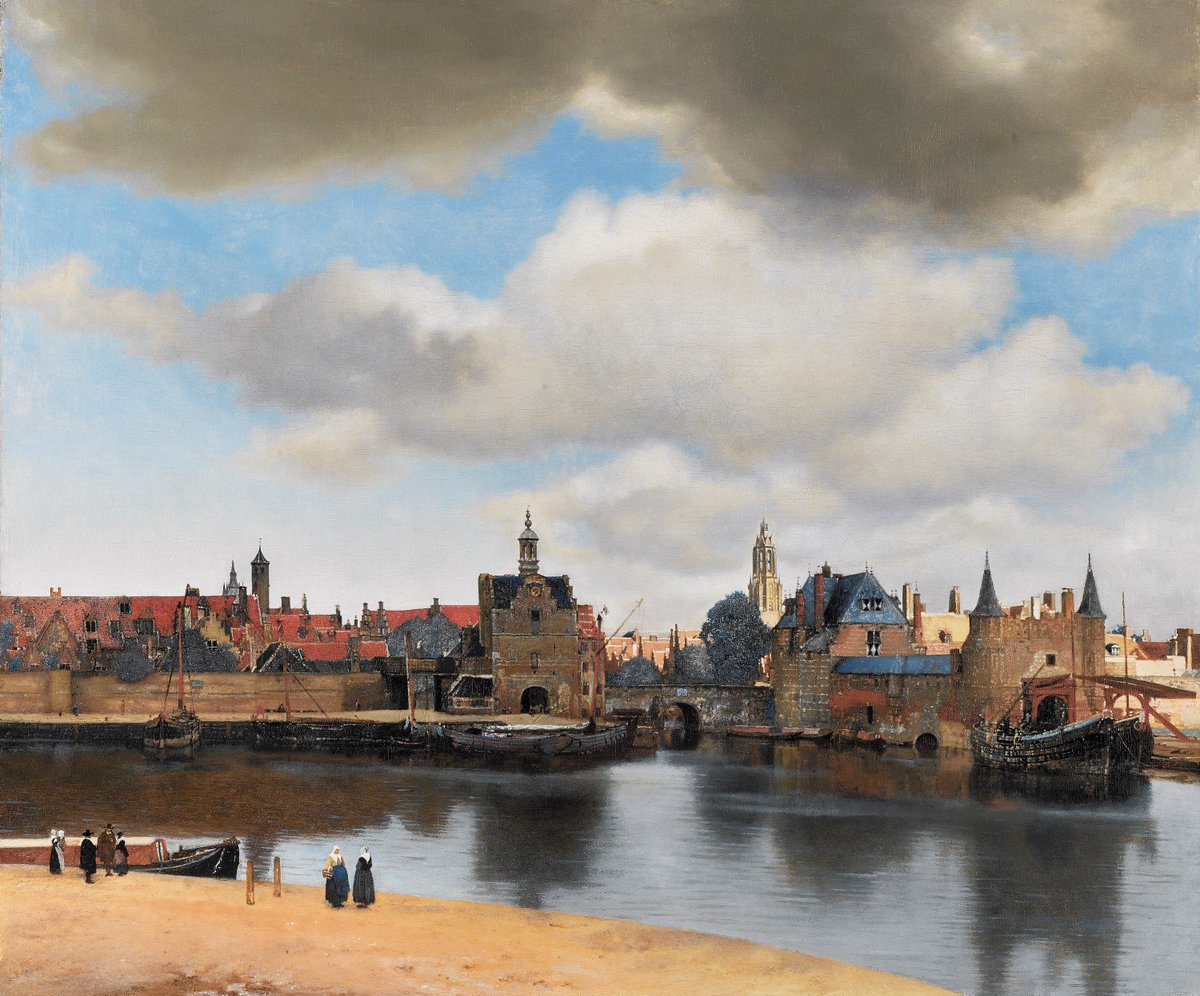 EuropeanArtHIST's tweet photo. View of Delft is an oil painting by Johannes Vermeer, painted ca. 1660–1661. The painting of the Dutch artist's hometown is among his most popular, painted at a time when cityscapes were uncommon. (Mauritshuis, The Hague). https://t.co/suHsLhp0nx