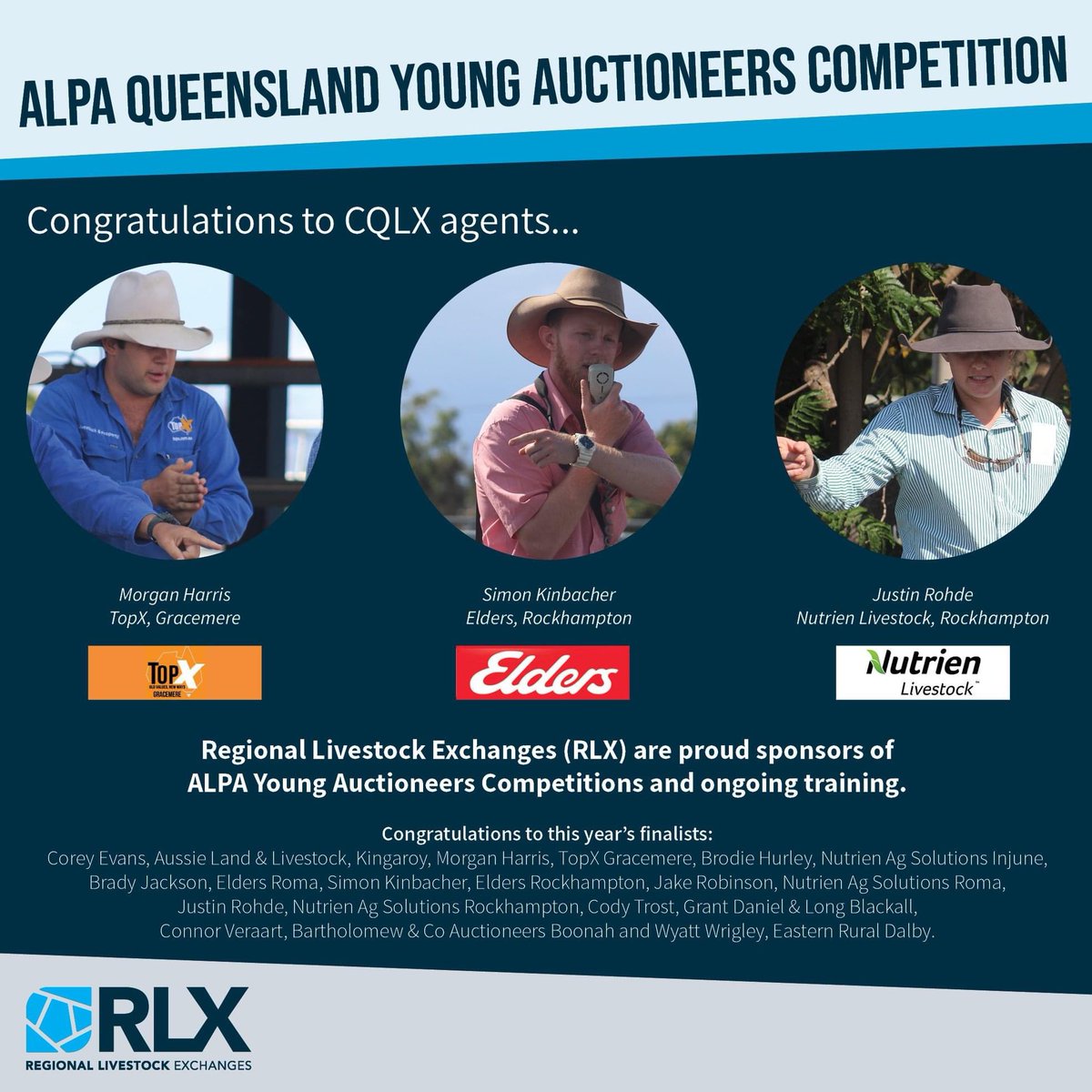 CQLX_Gracemere's tweet photo. Congratulations to the #CQLX operating agents and auctioneers and other finalists who have been selected in the QLD @ALPA_Agents Young Auctioneers Competition.
#RLX are proud sponsors of this event and ongoing training conducted by #ALPA.
#agriculture https://t.co/bQplC4XED9