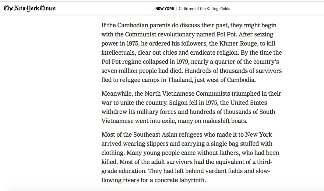 "the Communist revolutionary Pol Pot ordered his followers, the Khmer Rouge, to kill intellectuals, clear out cities and eradicate religion. By the time the Pol Pot regime collapsed in 1979, nearly a quarter of the country's 7 million people had died"  https://www.nytimes.com/2000/03/26/nyregion/children-of-the-killing-fields.html