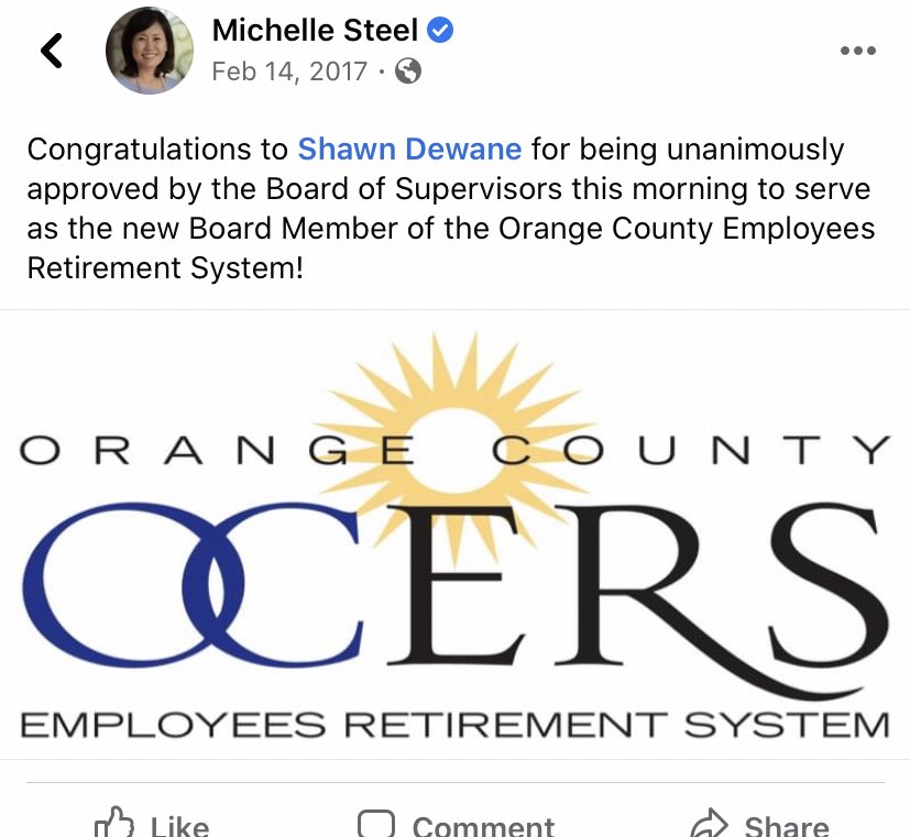 Michelle Steel is now running for the same CA-48 seat against Rep. Harley Rouda (who beat Dana Rohrabacher). Michelle also helped appoint Shawn Dewane to the board of the OC employees retirement system. It’s all a web. Everyone connected. But how connected can they truly be?