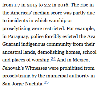 In one paragraph we have displacement and property destruction of indigenous people - a form of genocide - listed alongside Jehovah's witnesses not being allowed to proselytize. Both of these count equally in terms of determining countries in which a group is persecuted.