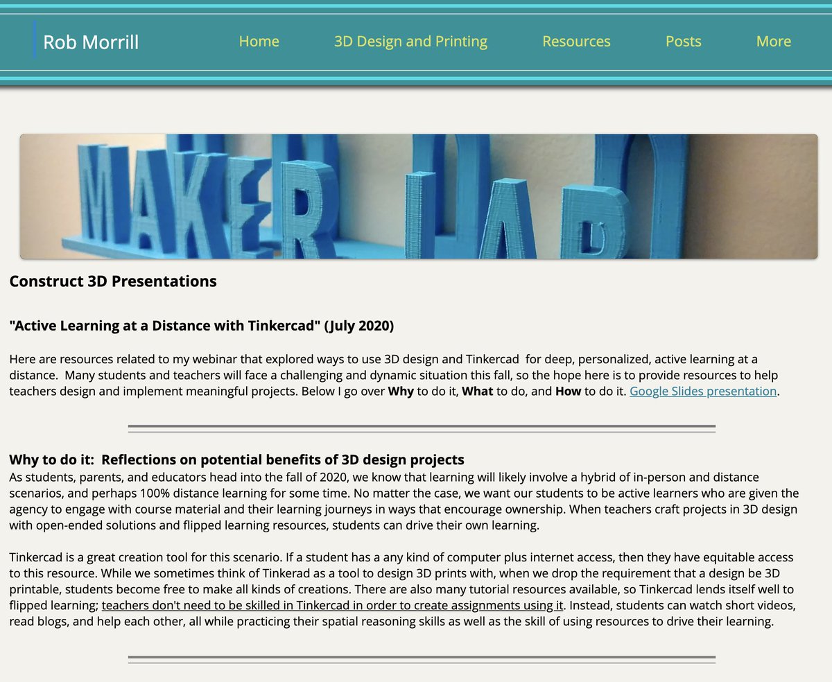 morrill_rob's tweet photo. Here's my web page on 3D design projects for distance learning. Find ideas for projects and learning with resources from me, @tinkercad, @heatherpang, @jumekubo, @weareprintlab, Eunny, more. Props to @construct3dconf for their webinar series.

https://t.co/X5zSDufq5l https://t.co/oR1p7rqWrp